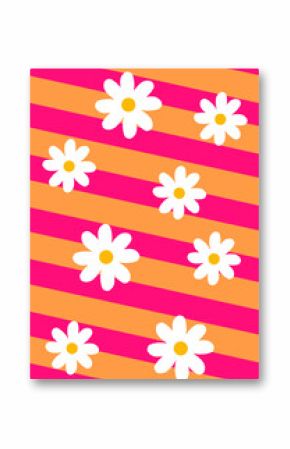 Flat daisy pattern is showing white daisies on pink-peach diagonal stripes, transparent background