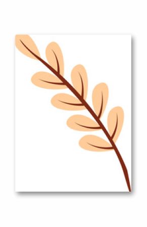 Flat vector art is showing abstract twig curving with peach oval leaves on transparent background