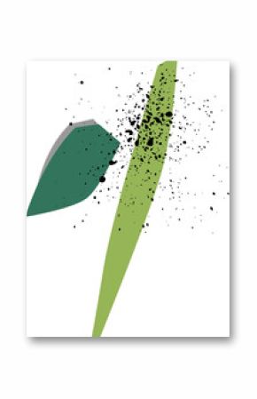 Two lime and forest green polygonal blades floating on transparent base showing black splatters