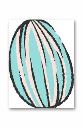 Striped egglike orb is appearing flat with teal peach black-outlined bands on transparent backdrop