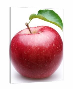 Ripe red apple with a leaf.