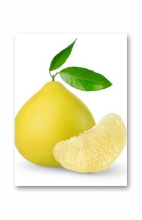 Isolated pomelo. One whole pomelo fruit with leaves and peeled segment isolated on white background