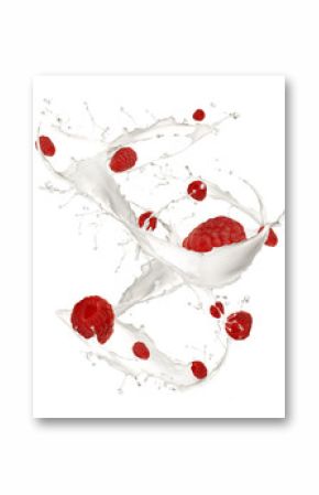 Raspberries in cream splash, isolated on white background