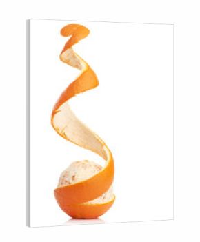 orange with peeled spiral skin  isolated on white background