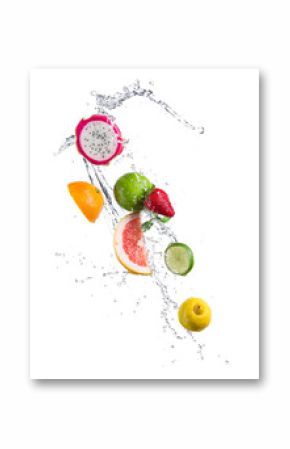 Pieces of exotic fruit in water splash