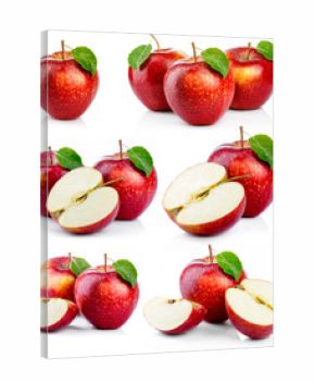 Set of ripe red apples with green leaves isolated