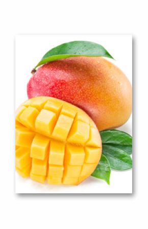 Mango cubes and mango fruit. Isolated on a white background.
