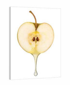 juice in the form of drop flowing from fresh apple on white back