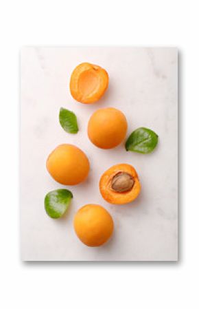 Apricots on marble background viewed from above. Fresh and healthy fruit. Top view