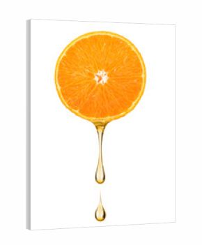 Juice in the shape of drop flowing from a slice of orange, on white background