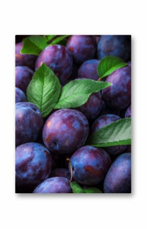 Plums colorful overhead closeup group with green leaves on dark background in studio
