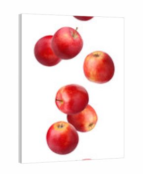 Falling (flying) red apples isolated on white.