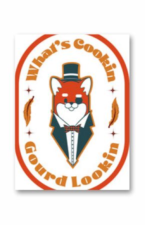 tuxedo fox is standing inside orange oval in flat illustration with stars on clear background