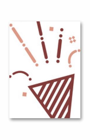 Flat vector party popper cone is bursting red and peach confetti elements on transparent background