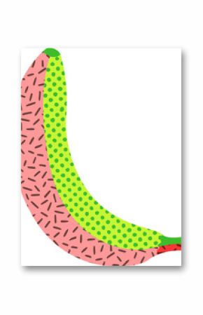 Flat banana is showing split pink green halves, sprinkles, dots, stem, red tip on transparent field