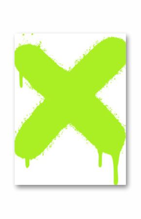 Displaying spray-painted lime green X with brush strokes, splatters and drips on transparent canvas