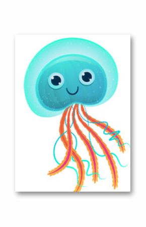 Cartoon jellyfish floating on transparent backdrop, with turquoise bell and orange-teal tentacles