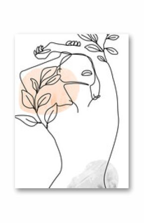 Abstract form is reclining in sketch with branches, peach oval, gray circle, transparent background