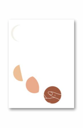 White line-art hand holding brown orb, peach shapes, sparkles, cream crescent moon on transparent