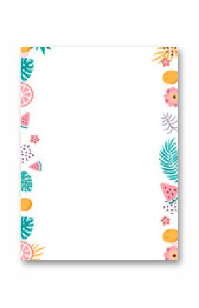 Tropical fruit and leaves border is framing center in flat style, transparent background
