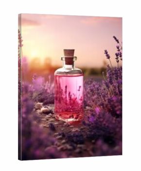 Glass bottle of lavender essential oil with fresh flowers. Flowering field on the background, sunset. Aromatherapy spa massage vertical concept. Lavendula oleum