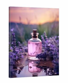 Glass bottle of lavender essential oil with fresh flowers. Flowering field on the background, sunset. Aromatherapy spa massage vertical concept. Lavendula oleum
