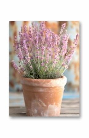 Depict a cluster of lavender sprigs in a weathered clay pot, emphasizing their soothing purple hues, fragrant aroma, and rustic elegance against a textured, sun-drenched backdrop.