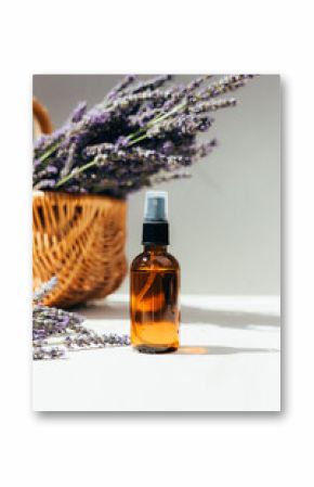 Natural cosmetics. Amber bottle with facial, bath liquid on a concrete background with lavender flowers. Front view