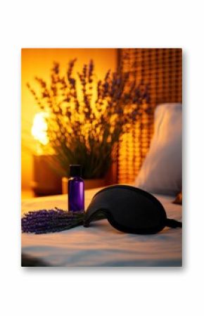 Relaxing bedroom scene with lavender, sleep mask, and oil bottle, creating a calming atmosphere for rest and rejuvenation.