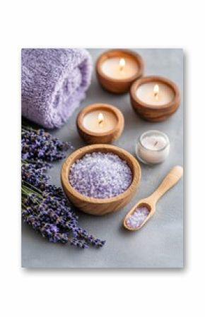 lavender spa treatment with candles and bath salts