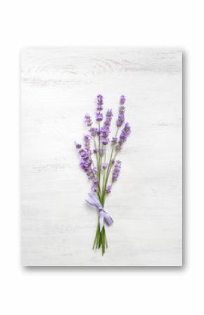 Bundle of lavender on old wooden board painted white.