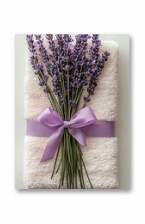 A beautiful arrangement of lavender flowers on a soft towel, tied with a delicate ribbon, perfect for relaxation.
