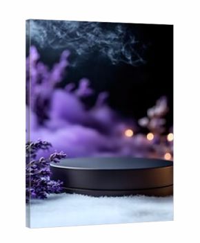 Black round podium with lavender flowers on snowy surface against purple background with bokeh lights and mystical smoke, creating magical atmosphere.