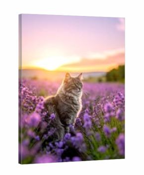 Gray tabby cat sits in a field of vibrant purple lavender flowers at sunset