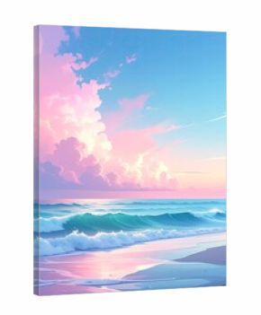 Pastel seaside pink clouds, turquoise waves, calm ocean view