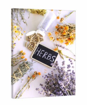 Dried medicinal herbs and flowers. Selective focus.