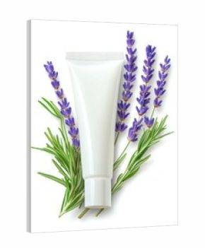 Herbal cream tube surrounded by lavender and rosemary, fresh and natural feel on a white isolated background.