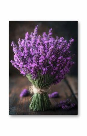 Bunch of lavender on wooden table, purple flowers and green stems, neatly bundled, secured with natural twine, organic and hand picked.