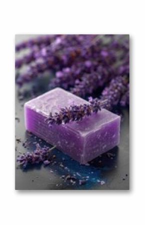 Handmade lavender soaps decorated with delicate flowers are located among fresh lavender inflorescences