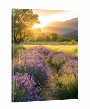 Beautiful lavender field at sunrise with mountains and trees in the background