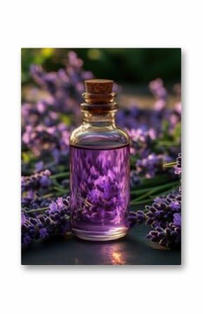 Bottle of lavender oil surrounded by fresh lavender flowers, soft sunlight