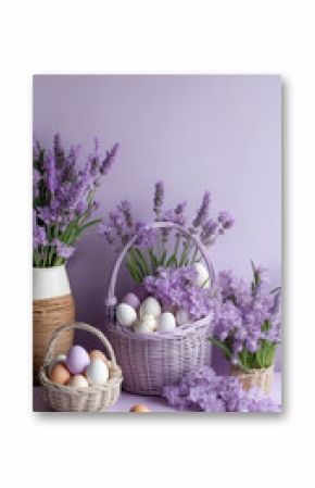 Easter Nordic background with baskets, eggs and lavender flowers, seasonal holiday card