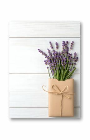 Fresh lavender bouquet is wrapped in paper on a white wooden surface. Gift and decoration