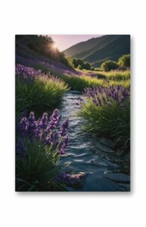 A serene landscape featuring a flowing stream surrounded by vibrant lavender fields at sunset.