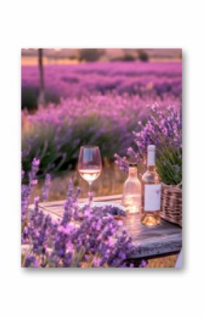 bottle and glass of wine served on lavender field.  