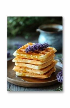 Golden waffles with lavender honey drizzle a culinary delight on rustic wooden table perfect for breakfast or brunch
