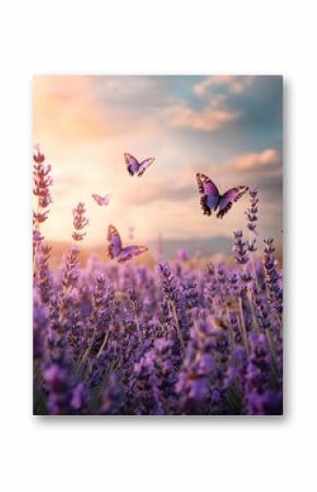 Butterflies soar over a lavender field at sunset