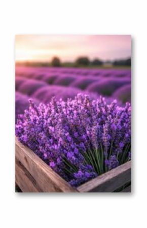 Lavender blooms in wooden crate during sunset at a serene lavender field