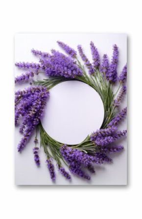 Lavender flowers border a white circle. Purple flower buds with green leaves create a frame. Floral nature template for text or image. Bright light and simple organic design.