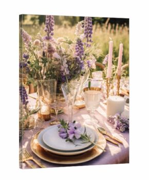 Wedding tablescape, elegant formal dinner table setting, table scape with lavender decoration for holiday party event celebration, generative ai
